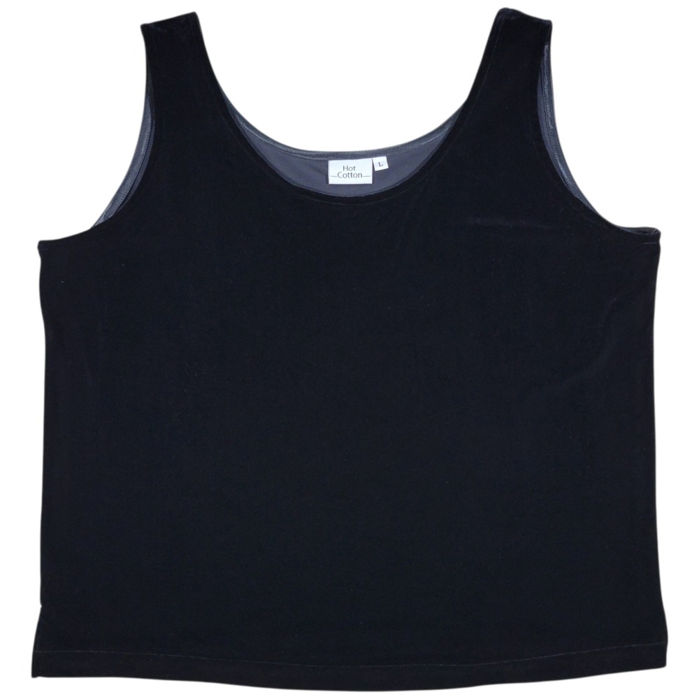 Hot Cotton Tank Top Women L Black Velvet Sleeveless Scoop Neck Minimalist Mature